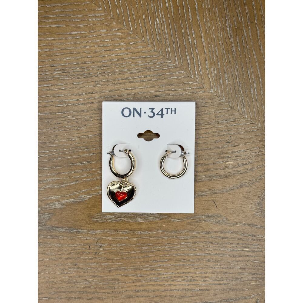 ON 34th Gold Tone Hoop Earrings Heart Charm Red Enamel Dangle Earrings New